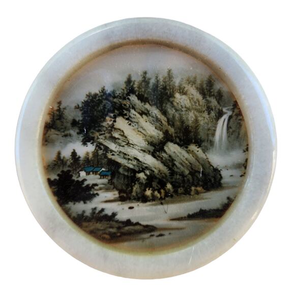 Vintage 60s Chinese Set of 6 Coasters Marble & Glass Village Landscape Barware - Picture 15 of 16